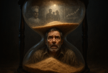 Hyper-realistic image of a man trapped in an hourglass by pouring sand, symbolizing regret, lost time, and missed opportunities in midlife. Evokes urgency and the feeling of being overwhelmed.