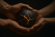 A man's and woman's hands gently hold a dark sphere with glowing golden cracks, symbolizing relationship mastery and healing through shared experience.