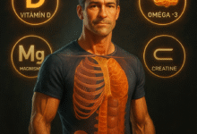 An illustration showing a healthy middle-aged man with highlighted body areas such as bones, muscles, and brain, surrounded by icons representing key nutrients like vitamin D, omega-3, magnesium, and creatine. Alt: Daily supplements for men over 40 supporting bone, muscle, and brain health.