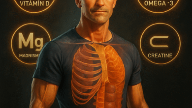 An illustration showing a healthy middle-aged man with highlighted body areas such as bones, muscles, and brain, surrounded by icons representing key nutrients like vitamin D, omega-3, magnesium, and creatine. Alt: Daily supplements for men over 40 supporting bone, muscle, and brain health.