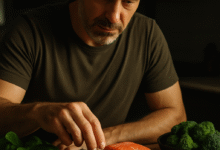 A close-up of a middle-aged man preparing a nutrient-rich meal including leafy greens, salmon, and nuts. Alt: Nutritional foods for men over 40 focusing on vitamin D, magnesium, omega-3s, and zinc.