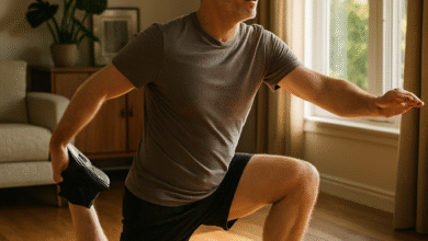 A mid‑life man performing a dynamic quad stretch in a sun‑lit living room. Alt: knee pain exercises for men warm‑up mobility
